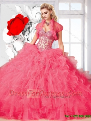 Top Seller Rose Pink 2015 Summer Ball Gown Sweet 16 Dress with Beading and Ruffles