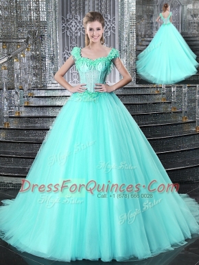 Custom Design Straps Aqua Blue Tulle Lace Up Ball Gown Prom Dress Sleeveless With Brush Train Beading and Appliques