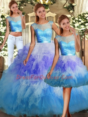 Dramatic Multi-color Scoop Neckline Lace and Ruffles Sweet 16 Quinceanera Dress Sleeveless Backless