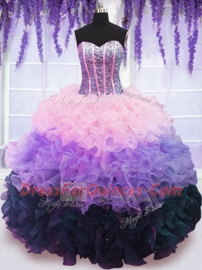 Dazzling Multi-color Sleeveless Floor Length Beading and Ruffles and Ruffled Layers Lace Up 15th Birthday Dress