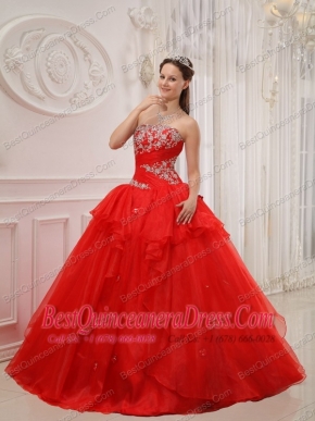 Red Ball Gown Strapless Floor-length Taffeta and Organza Appliques Quinceanera Dress