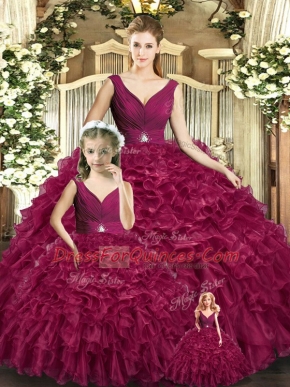 Burgundy Backless V-neck Beading and Ruffles Vestidos de Quinceanera Organza Sleeveless