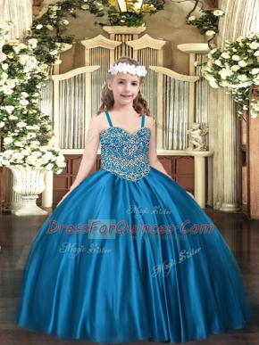 Floor Length Ball Gowns Sleeveless Blue Little Girls Pageant Gowns Lace Up