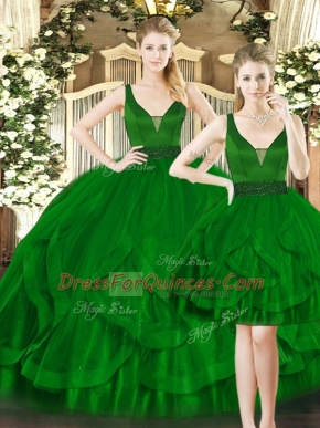 Sleeveless Lace Up Floor Length Beading and Ruffles Quinceanera Gown