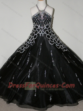 Cheap Beaded Decorated Halter Top and Bodice Little Girl Pageant Dress in Black