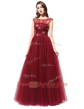 Scoop Burgundy Sleeveless Floor Length Beading Zipper Homecoming Dress
