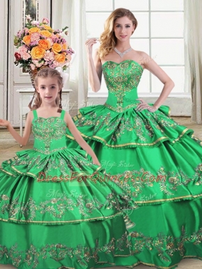 Dazzling Sleeveless Floor Length Lace Up Quinceanera Gown in Green with Ruffled Layers