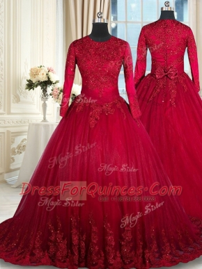 Wine Red Ball Gowns Tulle Scoop Long Sleeves Beading and Lace and Bowknot Floor Length Clasp Handle 15th Birthday Dress