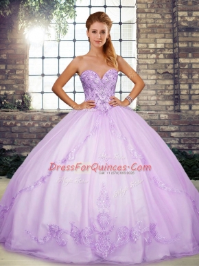 Edgy Sweetheart Sleeveless 15 Quinceanera Dress Floor Length Beading and Embroidery Lavender Tulle