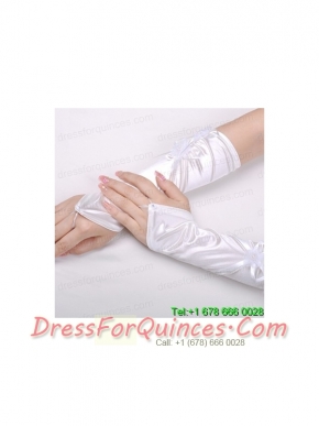 Attractive Satin Fingerless Elbow Length Bridal Gloves With Hand Made Flower