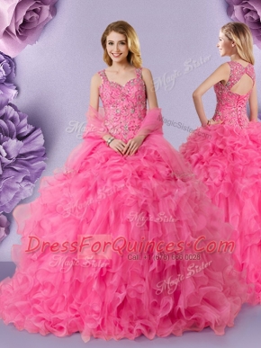 Elegant Straps Hot Pink Sleeveless Organza Lace Up 15 Quinceanera Dress for Military Ball and Sweet 16 and Quinceanera