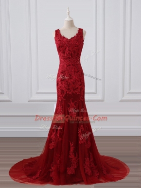 Superior Red Zipper Evening Dress Lace and Appliques Sleeveless Brush Train