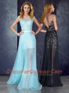 Short Inside Long Outside Bateau Light Blue Prom Dress with Appliques