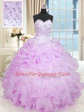 Low Price Organza Sweetheart Sleeveless Lace Up Beading and Ruffles Quince Ball Gowns in Lilac