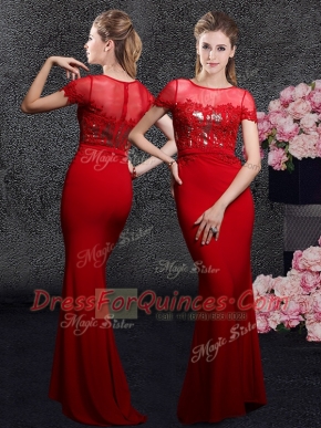 Customized Sequins Brush Train Column/Sheath Prom Evening Gown Red Scoop Elastic Woven Satin Short Sleeves With Train Zipper