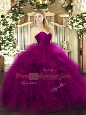 Great Fuchsia Sweetheart Zipper Ruffles Quinceanera Dresses Sleeveless