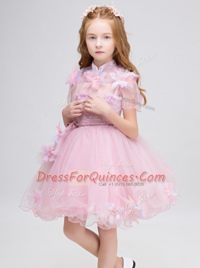 Baby Pink Ball Gowns High-neck Short Sleeves Tulle Mini Length Zipper Appliques Flower Girl Dresses for Less