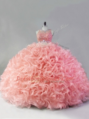 Fabric With Rolling Flowers Scoop Sleeveless Zipper Beading and Ruffles Quince Ball Gowns in Pink