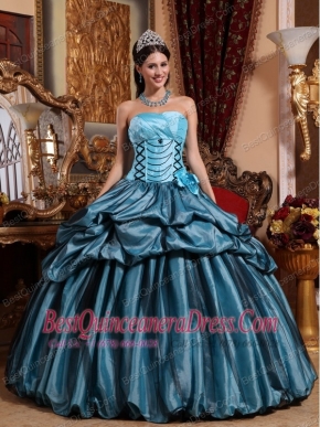 Sky Blue and Black Detail Strapless Taffeta Hand made Flower Ball Gown Quinceanera Dress