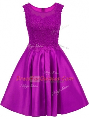Exquisite Eggplant Purple Satin Zipper Quinceanera Dama Dress Sleeveless Mini Length Lace