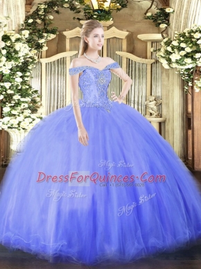 Luxurious Off The Shoulder Sleeveless Ball Gown Prom Dress Floor Length Beading Blue Tulle