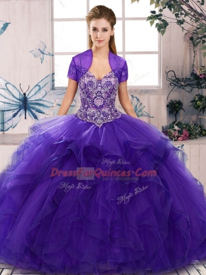 Elegant Purple Lace Up Sweet 16 Dress Beading and Ruffles Sleeveless Floor Length
