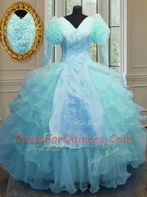 Dramatic V-neck Long Sleeves Ball Gown Prom Dress Floor Length Embroidery and Ruffled Layers Blue Organza