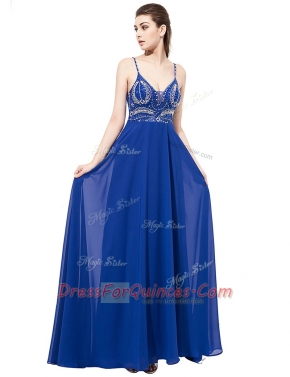 Spaghetti Straps Sleeveless Sweep Train Backless Evening Dress Royal Blue Chiffon