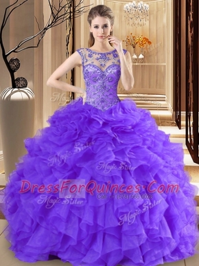 Stunning Purple Scoop Neckline Beading and Ruffles Ball Gown Prom Dress Sleeveless Lace Up