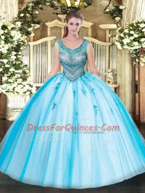 Scoop Sleeveless Tulle Quinceanera Gown Beading and Appliques Lace Up