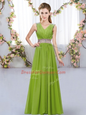 V-neck Sleeveless Chiffon Court Dresses for Sweet 16 Beading and Belt Lace Up