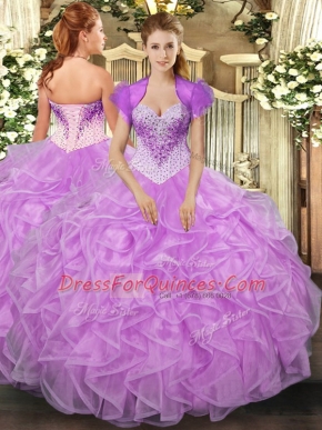Flirting Lilac Organza Lace Up Quinceanera Gowns Sleeveless Floor Length Beading and Ruffles