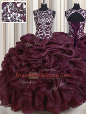 Fantastic See Through Burgundy Organza Lace Up Scoop Sleeveless Floor Length Sweet 16 Dresses Beading and Pick Ups