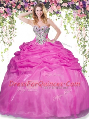 Free and Easy Hot Pink Lace Up Quince Ball Gowns Beading and Pick Ups Sleeveless Floor Length