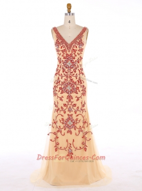 Mermaid Beading and Embroidery Dress for Prom Champagne Zipper Sleeveless With Train Sweep Train