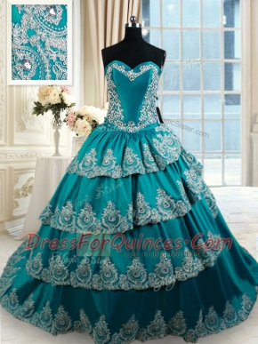 Teal Lace Up Sweetheart Beading and Embroidery and Ruffled Layers Quince Ball Gowns Taffeta Sleeveless