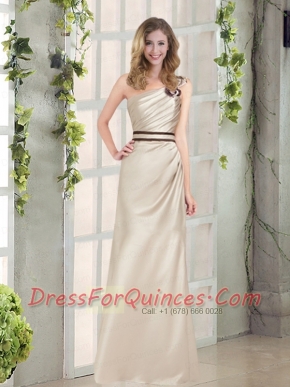 2015 Ruching and Belt One Shoulder Dama Dress with Floor Length