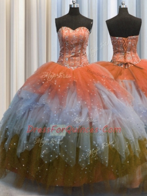 Customized Visible Boning Multi-color Lace Up Quince Ball Gowns Beading and Ruffles and Sequins Sleeveless Floor Length