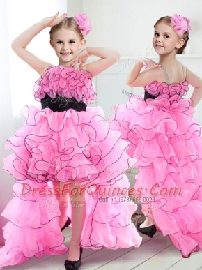 Amazing Straps Rose Pink Sleeveless Beading and Ruffles and Belt High Low Flower Girl Dresses