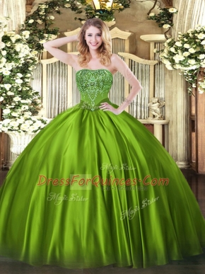Sweet Ball Gowns Sweet 16 Quinceanera Dress Olive Green Strapless Satin Sleeveless Floor Length Lace Up