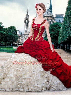 Pick Ups With Train White And Red 15 Quinceanera Dress Straps Sleeveless Brush Train Lace Up