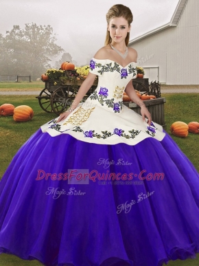 Floor Length Lace Up Sweet 16 Dresses White And Purple for Military Ball and Sweet 16 and Quinceanera with Embroidery