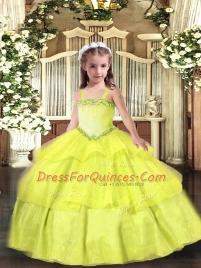 Floor Length Yellow Little Girls Pageant Dress Wholesale Straps Sleeveless Lace Up
