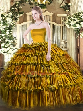 Simple Brown Zipper Strapless Ruffled Layers 15 Quinceanera Dress Organza Sleeveless