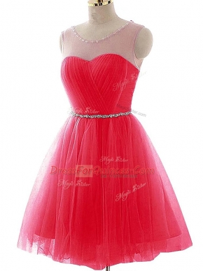 Mini Length Lace Up Coral Red for Prom and Party and Sweet 16 with Beading and Ruching