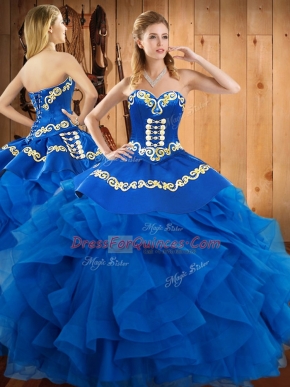 Superior Blue Satin and Organza Lace Up 15 Quinceanera Dress Sleeveless Floor Length Embroidery and Ruffles