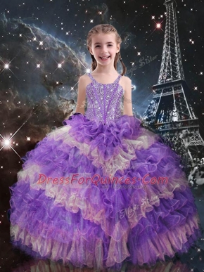 Lilac Lace Up Straps Beading and Ruffled Layers Little Girl Pageant Dress Organza Sleeveless