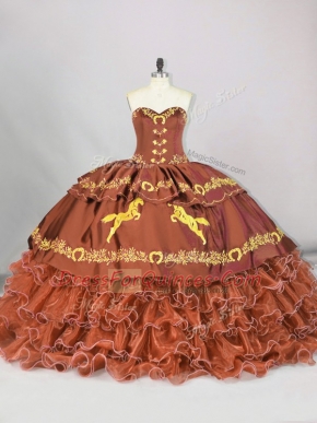 Brown Satin and Organza Lace Up Sweetheart Sleeveless 15th Birthday Dress Brush Train Embroidery and Ruffled Layers