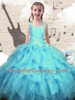 Halter Top Beading and Ruffles Kids Pageant Dress Aqua Blue Lace Up Sleeveless Floor Length