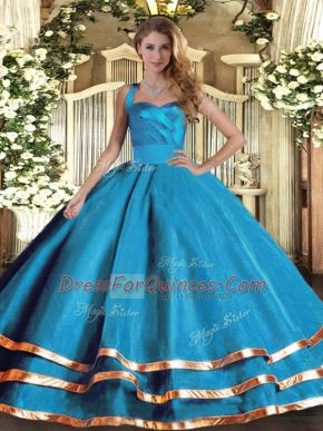Modest Baby Blue Tulle Lace Up Ball Gown Prom Dress Sleeveless Floor Length Ruffled Layers